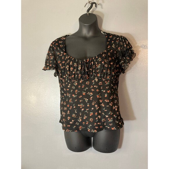 No boundaries, black floral mesh ruffle blouse - Picture 1 of 6